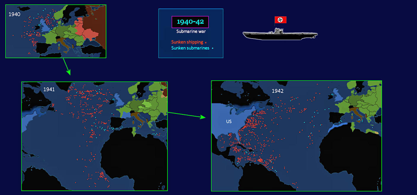 U-boats swarm American coast, 1942 map